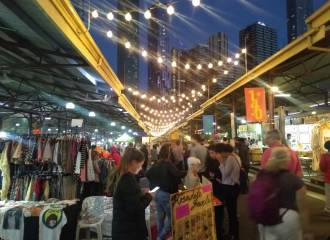 A view down an aisle in a night market