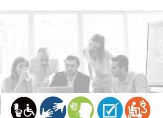 Communication Access Training by AccessAbilitiesAustralia, group of business people, looking at a laptop, with accessible icons at the bottom of the image (wheelchair, hands, speech, checkbox and a scooter charging power lead)
